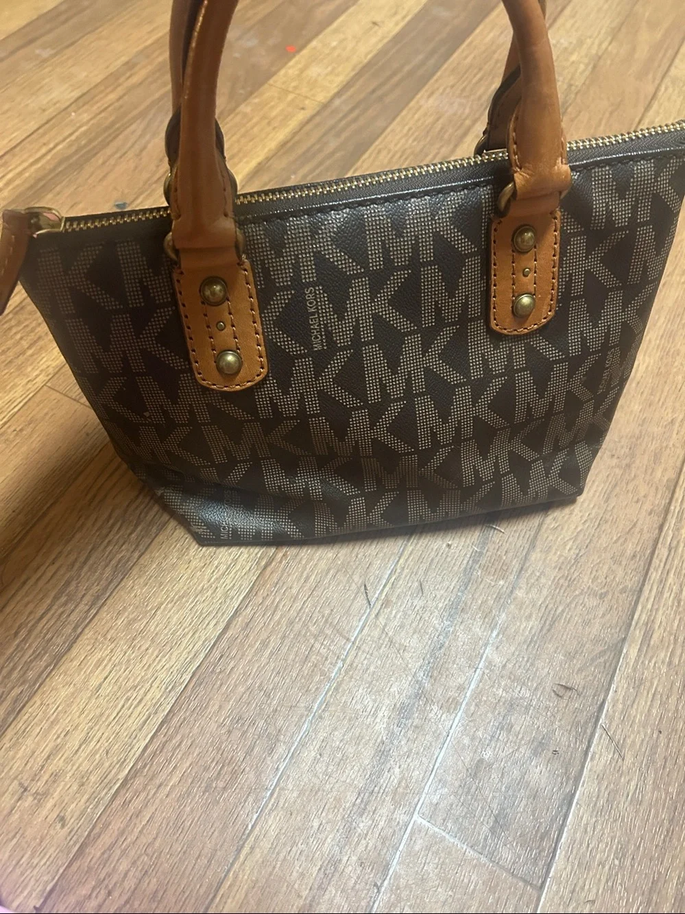 Michael Kors Brown MK Logo Satchel with Tan Handles